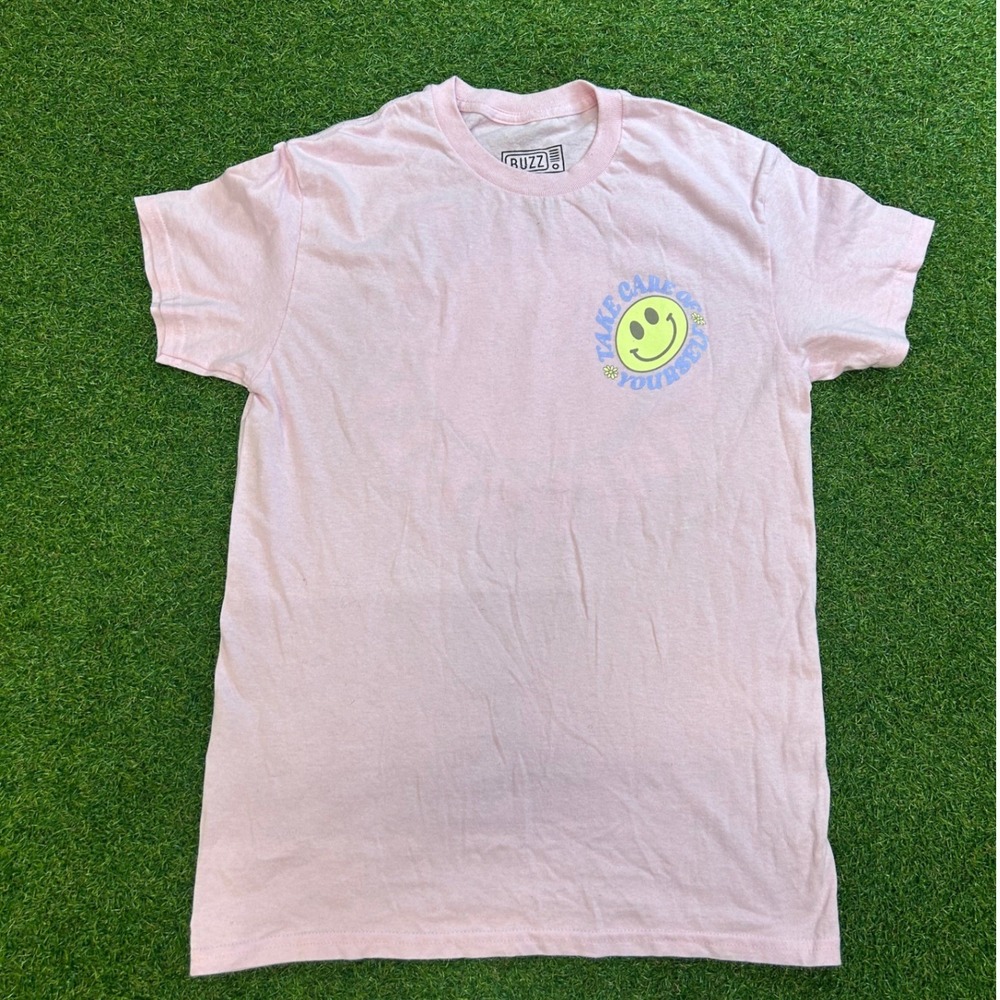 Buzz Take Care of Yourself Smiley Face Graphic T-Shirt Pink Small